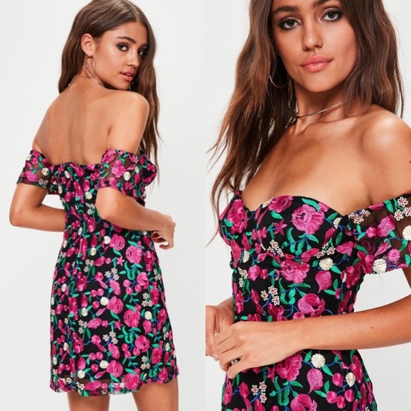 NWOT Missguided Embroidered Bardot Dress Size 4 - Picture 2 of 6